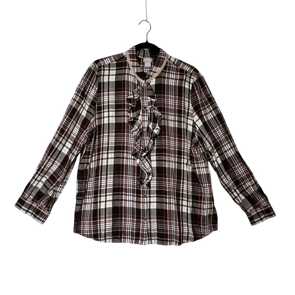 CHICO'S Womens 16/18 Brown Plaid Rayon Ruffle Button Front Long Sleeve Blouse